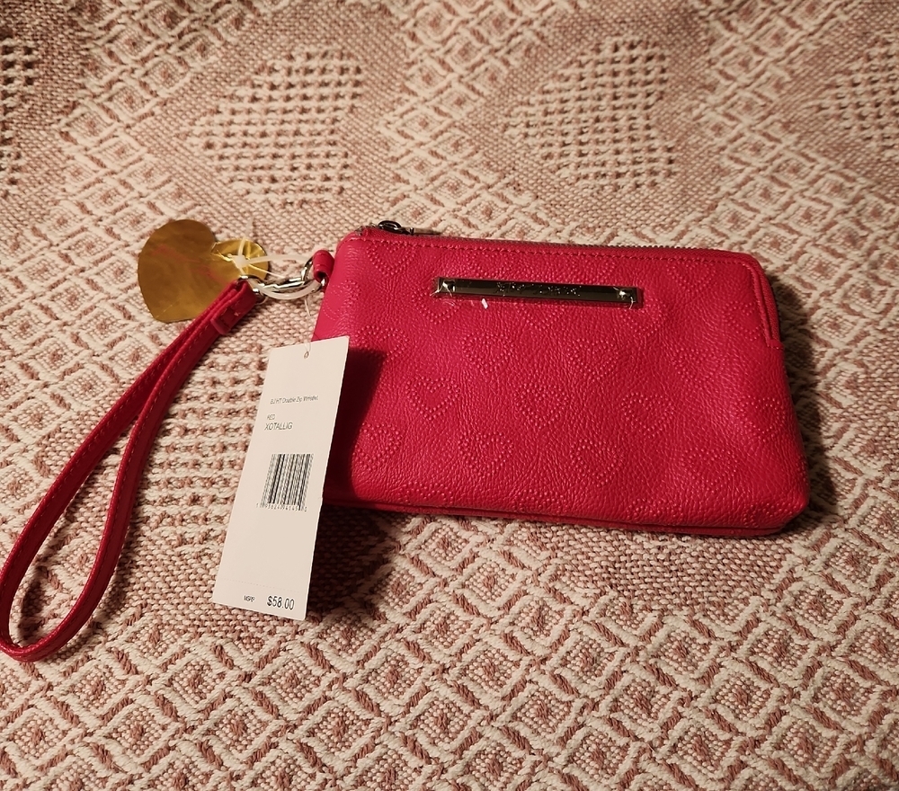 Betsey Johnson Red Faux Leather Double Zip Wristlet Embossed Hearts NWT